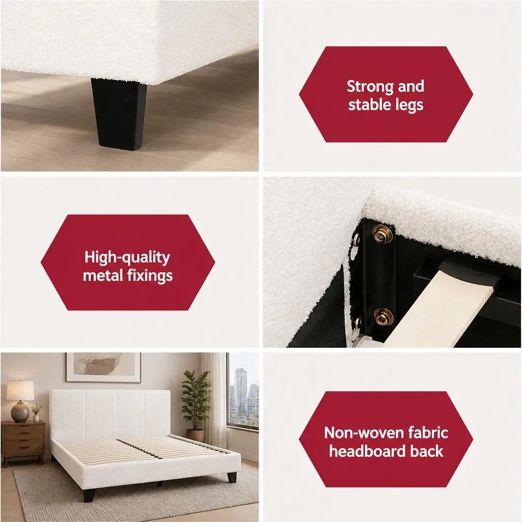 Double Bed Frame with Boucle Upholstery in White