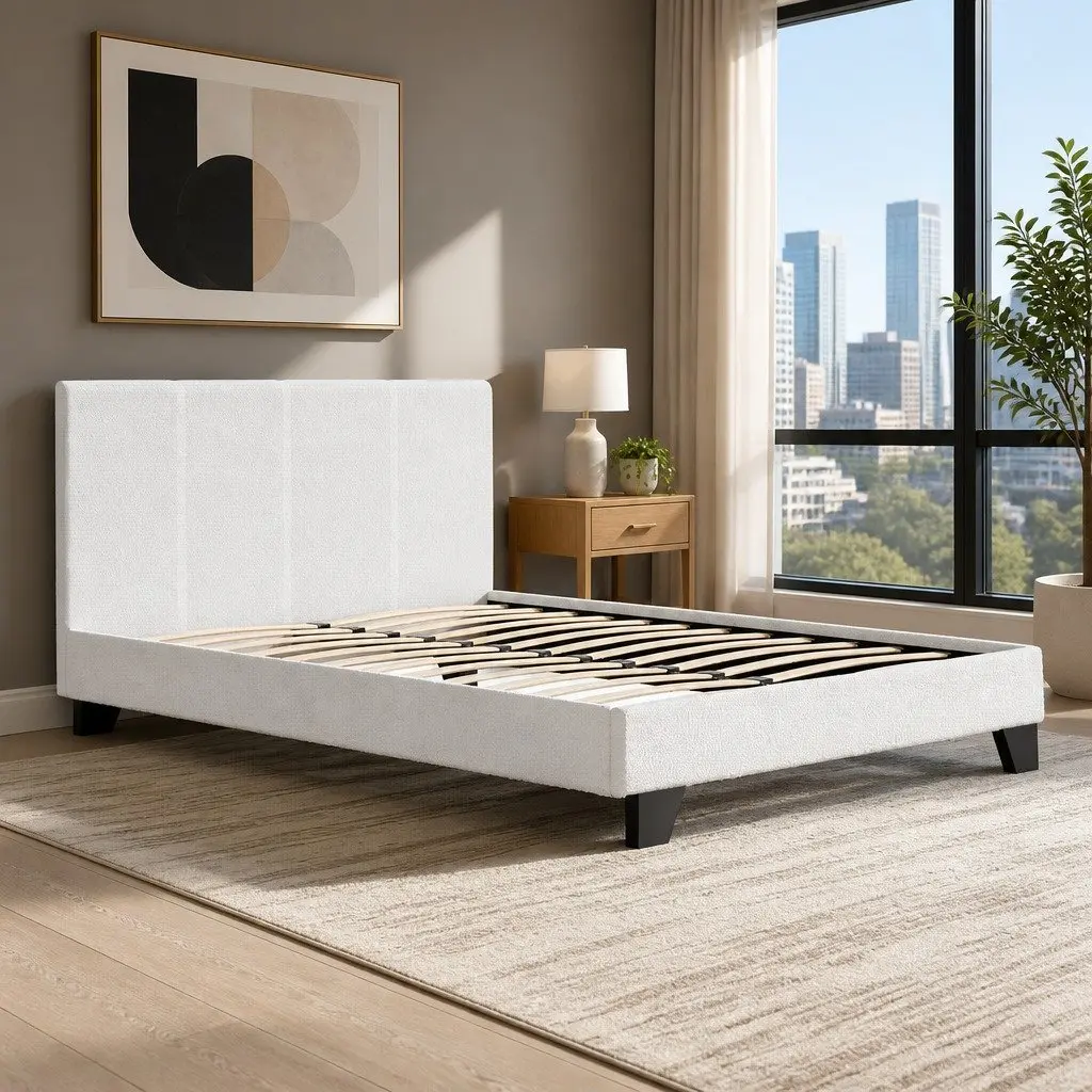 Double Bed Frame with Boucle Upholstery in White