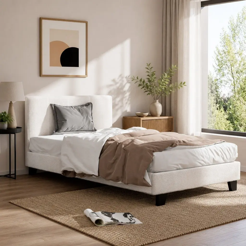 White Modern King Single Bed Frame with Boucle Upholstery