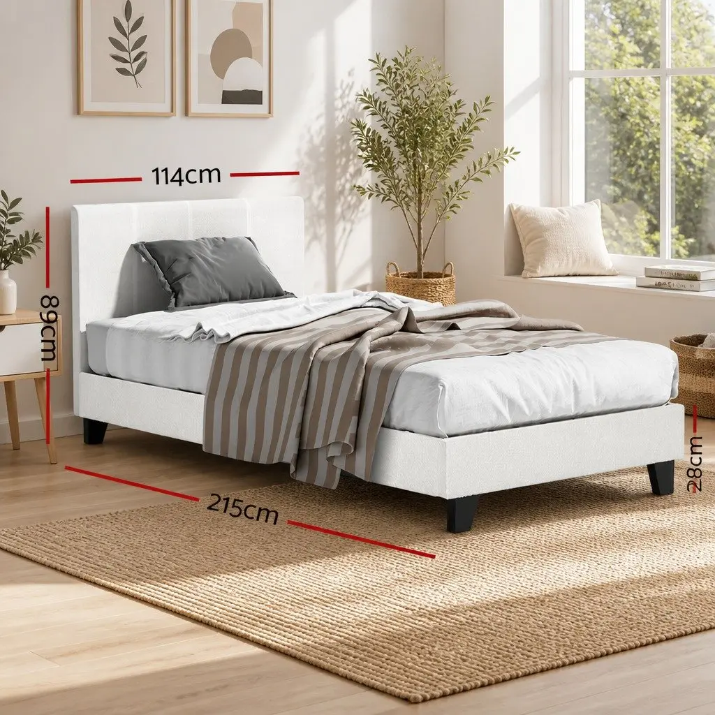 White Modern King Single Bed Frame with Boucle Upholstery