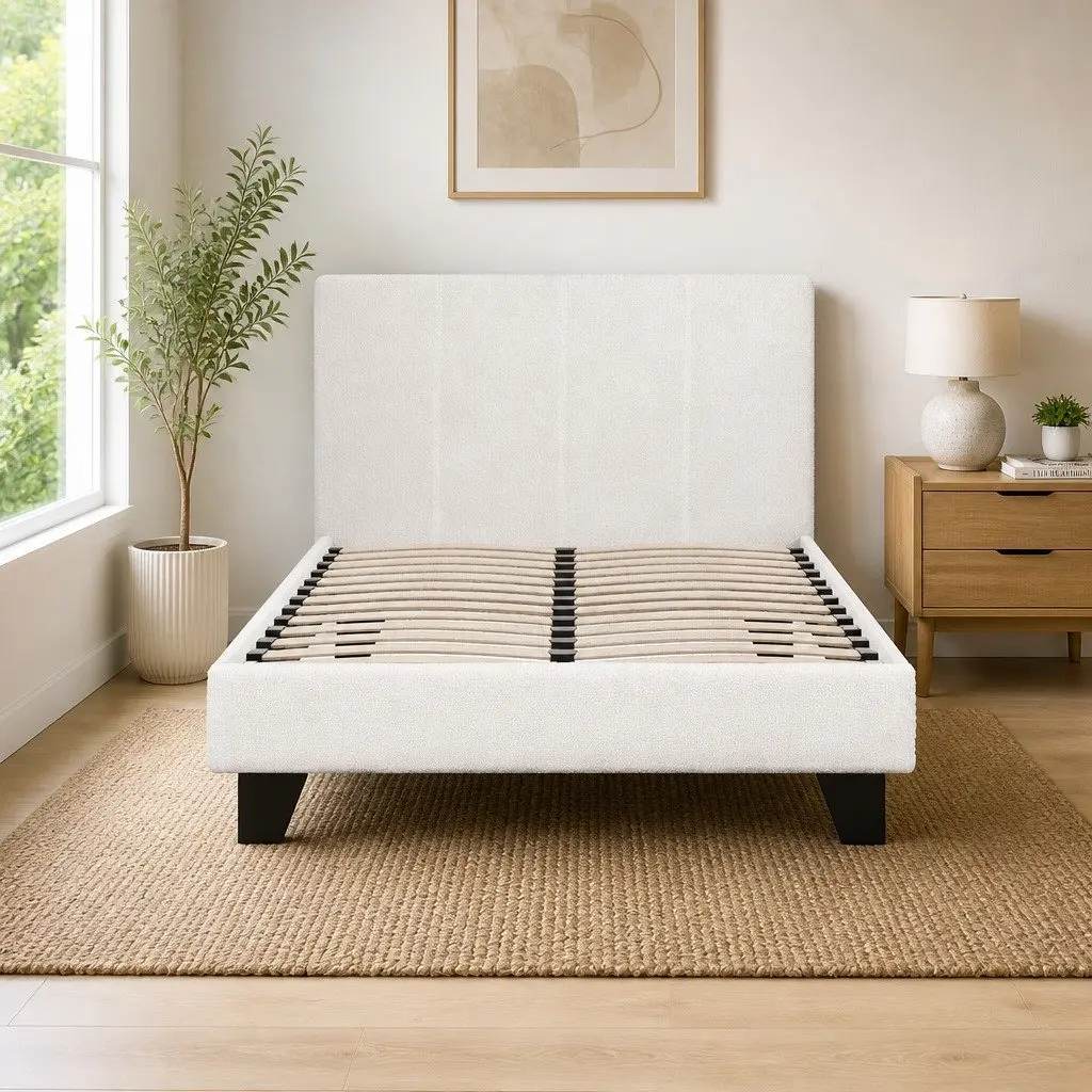 White Modern King Single Bed Frame with Boucle Upholstery