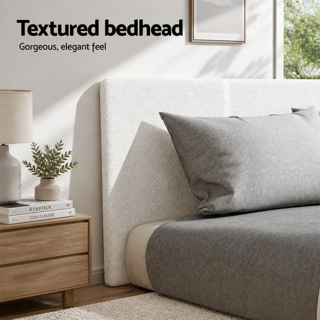 White Modern King Single Bed Frame with Boucle Upholstery