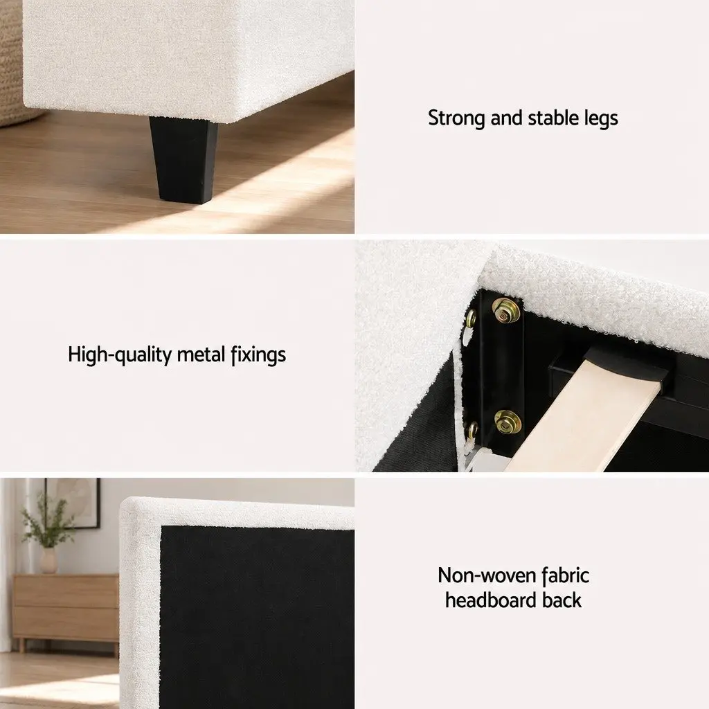 White Modern King Single Bed Frame with Boucle Upholstery
