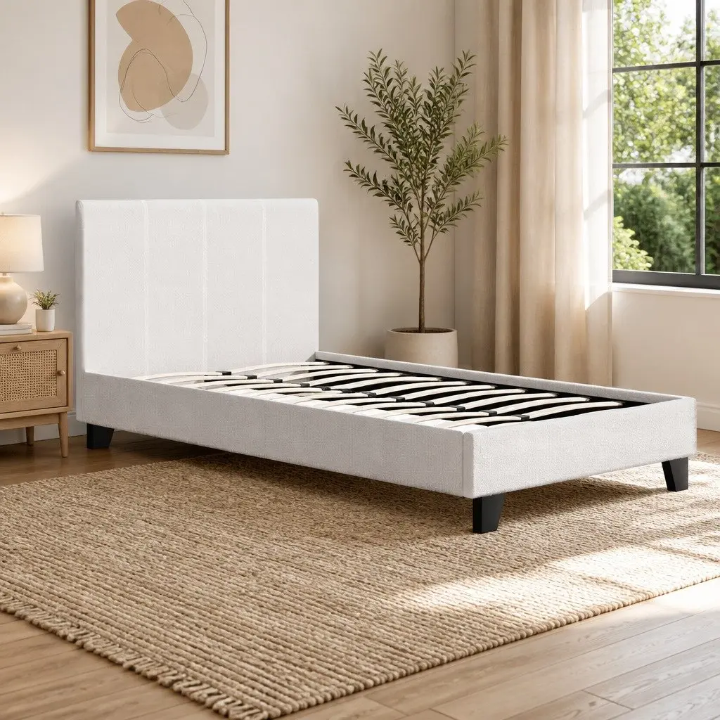 White Modern King Single Bed Frame with Boucle Upholstery
