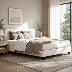 Sturdy Queen Size Bed Frame in White Boucle Fabric