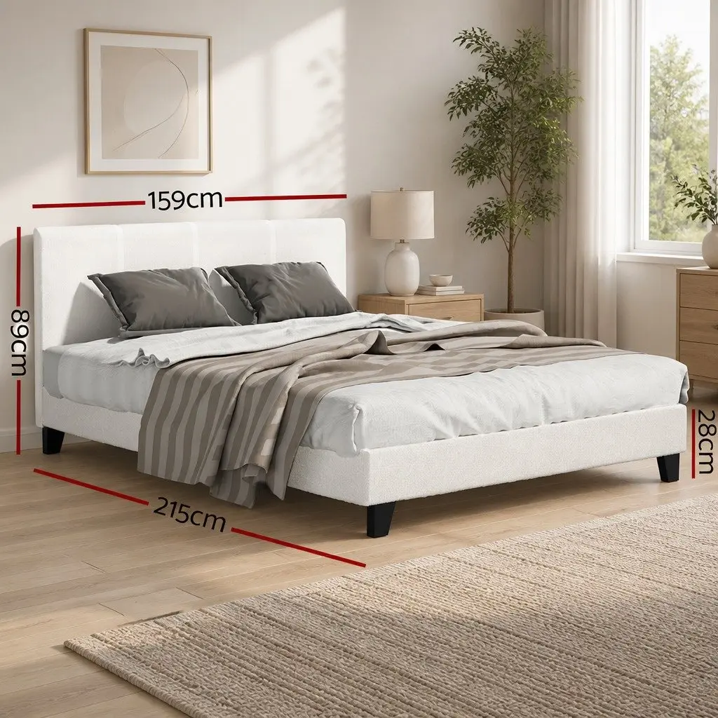 Queen Size Bed Frame in White Boucle Fabric
