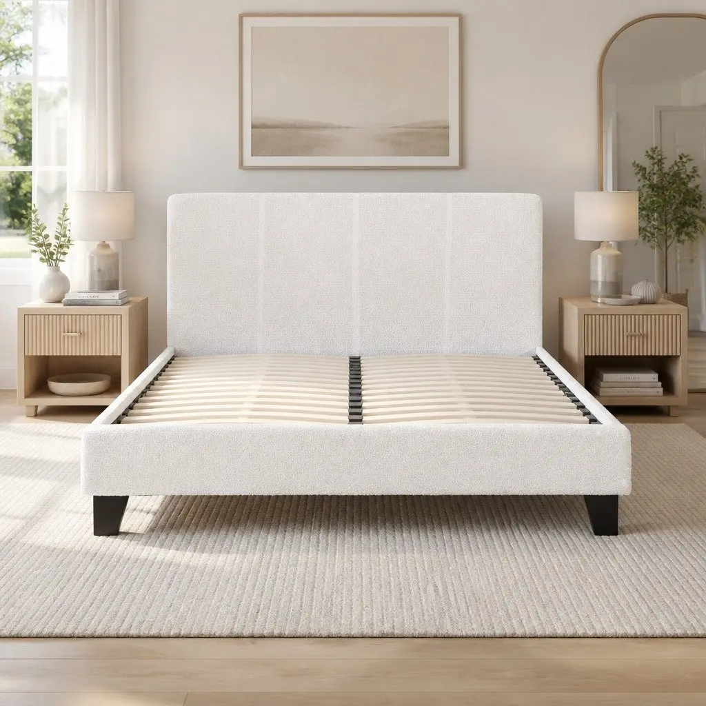 Queen Size Bed Frame in White Boucle Fabric