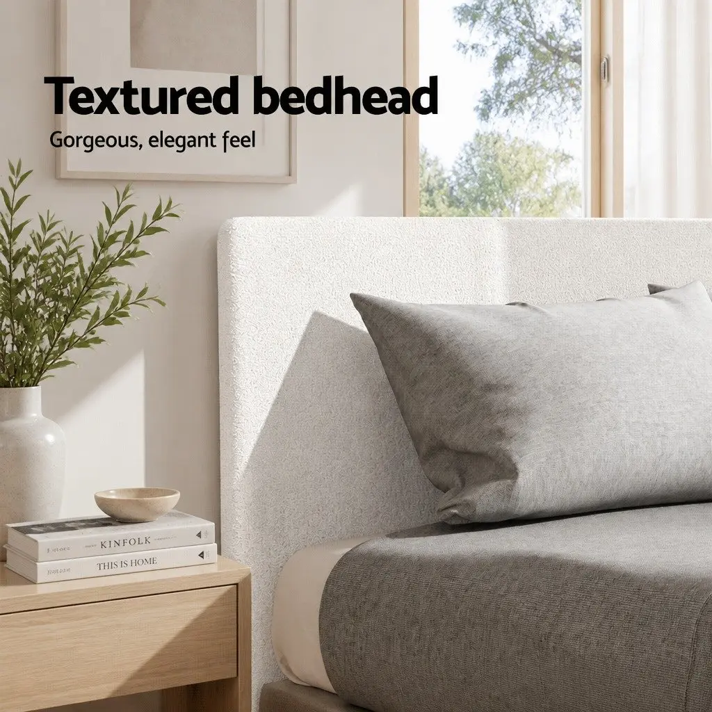 Queen Size Bed Frame in White Boucle Fabric