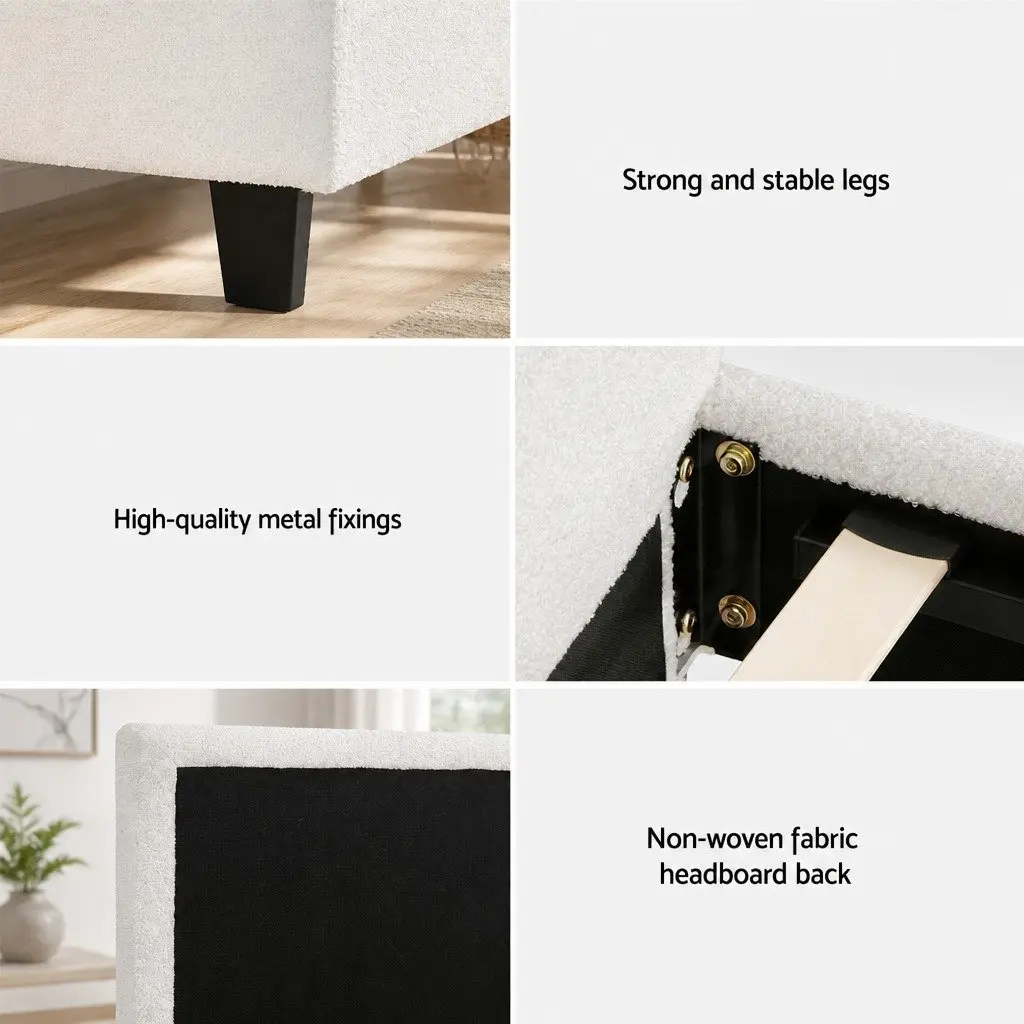 Queen Size Bed Frame in White Boucle Fabric