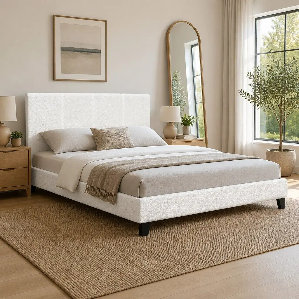 Queen Size Bed Frame in White Boucle Fabric