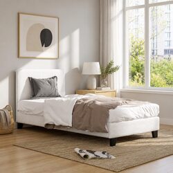 Single Bed Frame White Boucle Upholstered Wooden Slat Base Bedroom Furniture