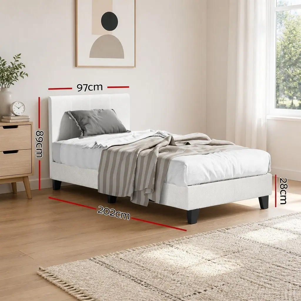 White Boucle Upholstered Single Bed Frame