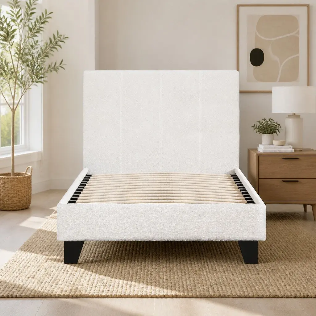 White Boucle Upholstered Single Bed Frame