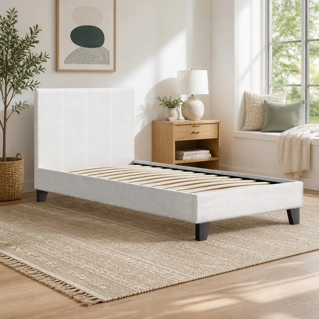 White Boucle Upholstered Single Bed Frame