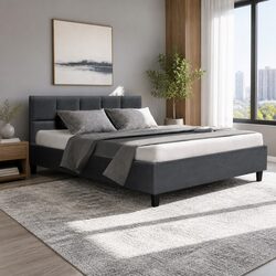Charcoal Upholstered Double Bed Frame with Wooden Slats