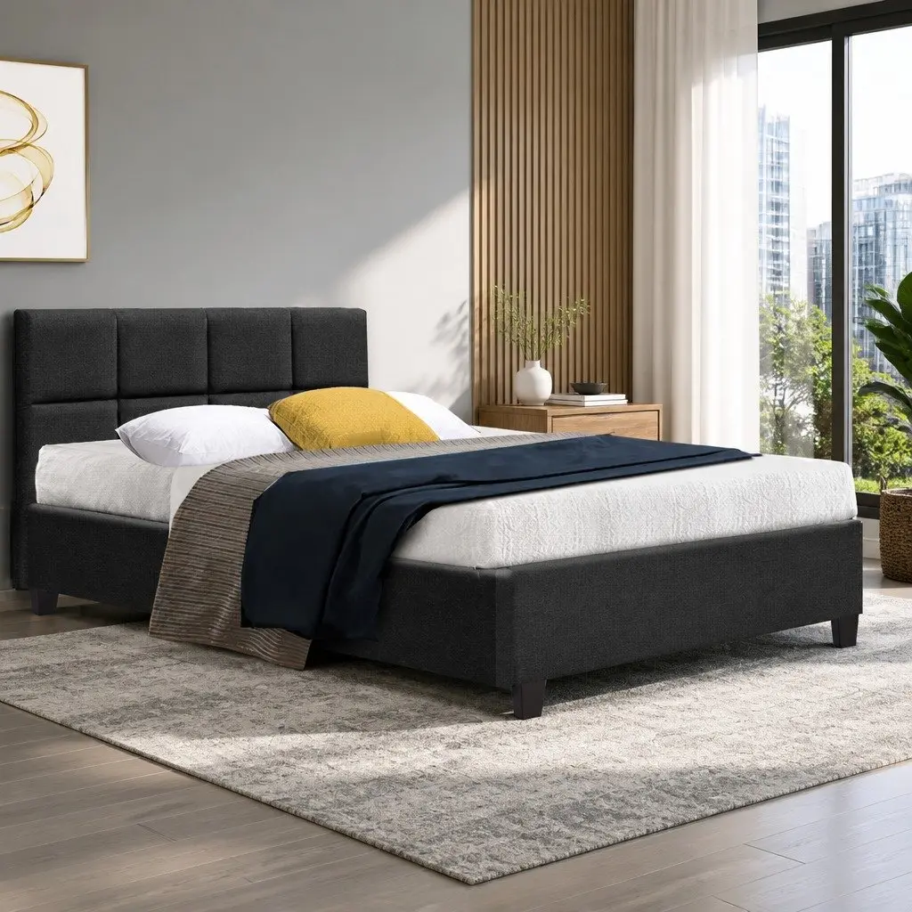 Charcoal Upholstered Double Bed Frame with Wooden Slats