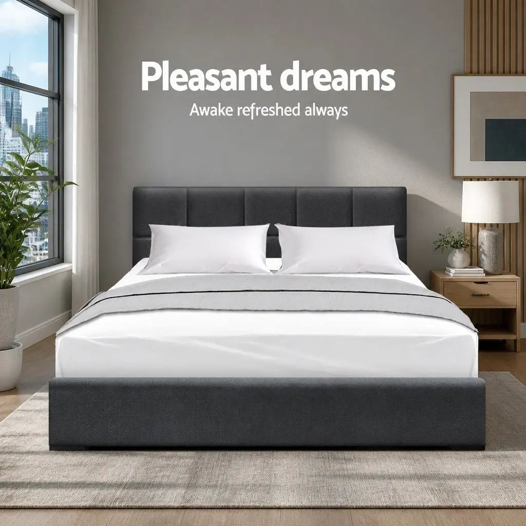 Charcoal Upholstered Double Bed Frame with Wooden Slats