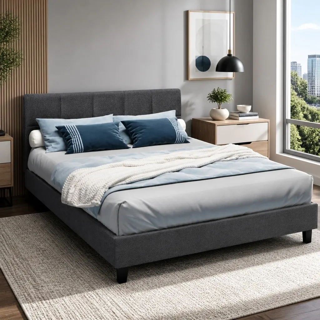 Charcoal Upholstered Double Bed Frame with Wooden Slats