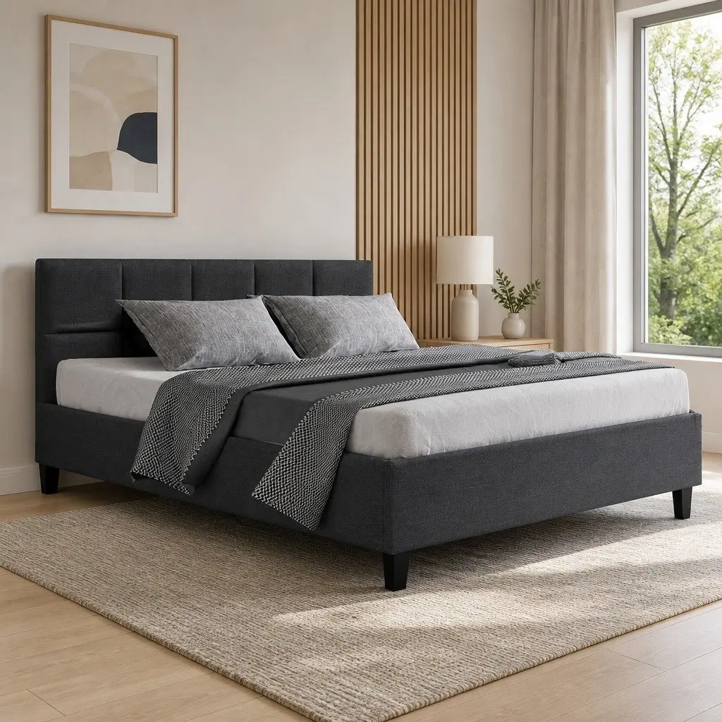 Queen Size Bed Frame Faux Linen Charcoal Upholstered Wooden Slat