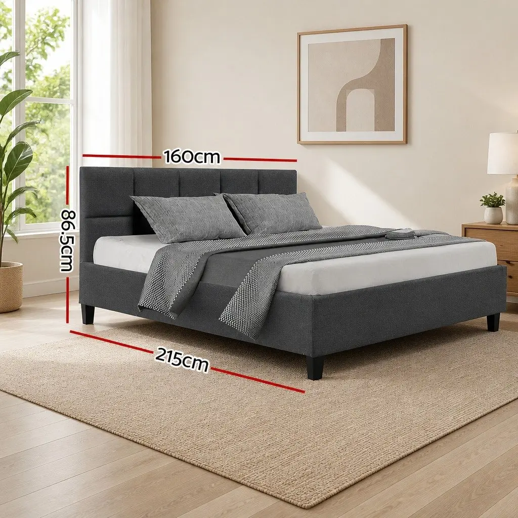 Queen Size Bed Frame Faux Linen Charcoal Upholstered Wooden Slat