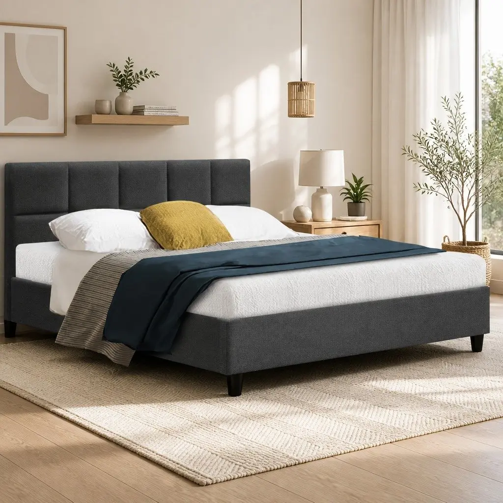 Queen Size Bed Frame Faux Linen Charcoal Upholstered Wooden Slat