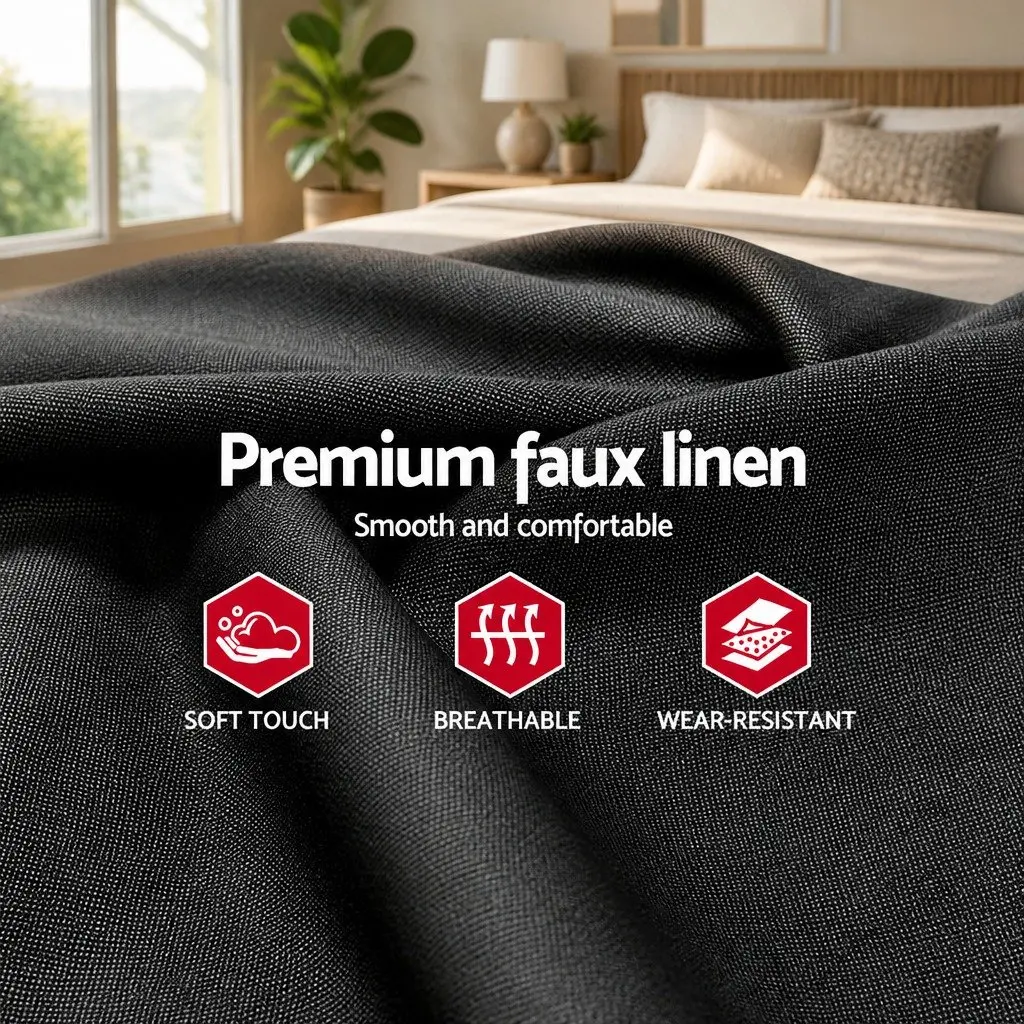 Queen Size Bed Frame Faux Linen Charcoal Upholstered Wooden Slat