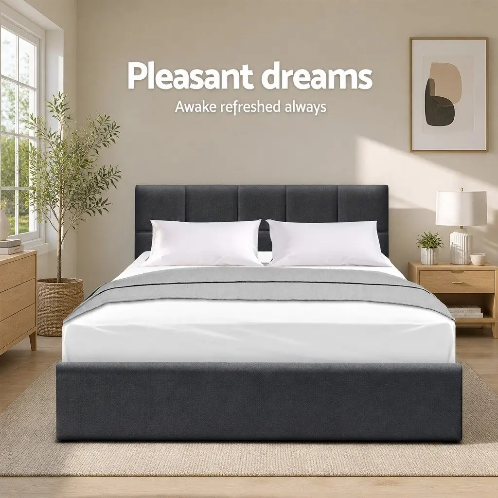 Queen Size Bed Frame Faux Linen Charcoal Upholstered Wooden Slat