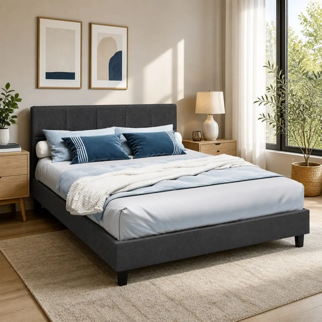 Queen Size Bed Frame Faux Linen Charcoal Upholstered Wooden Slat