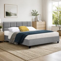 Queen Size Bed Frame Grey Upholstered Panel Wooden Slat Base Metal Connectors