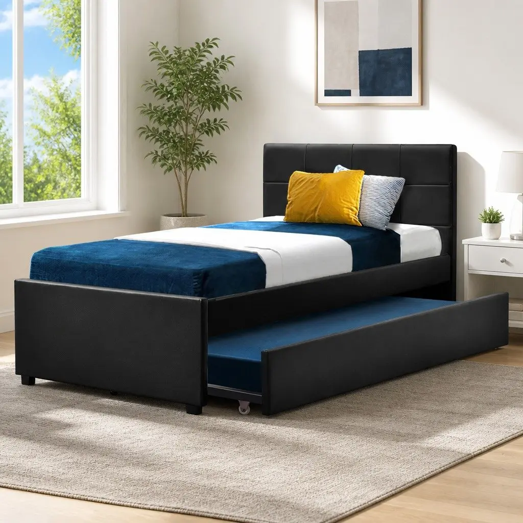 King Single Trundle Daybed Frame in Black PVC Leather