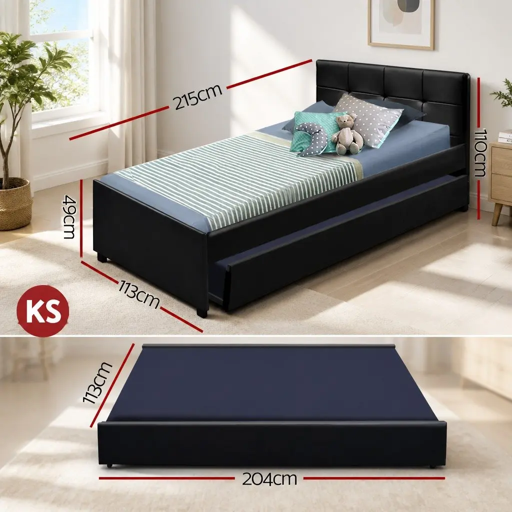 King Single Trundle Daybed Frame in Black PVC Leather