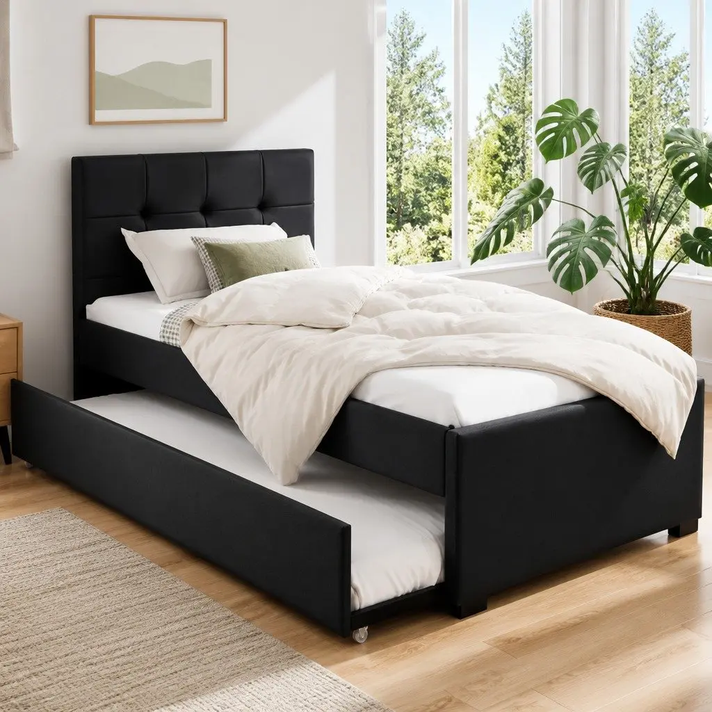 King Single Trundle Daybed Frame in Black PVC Leather