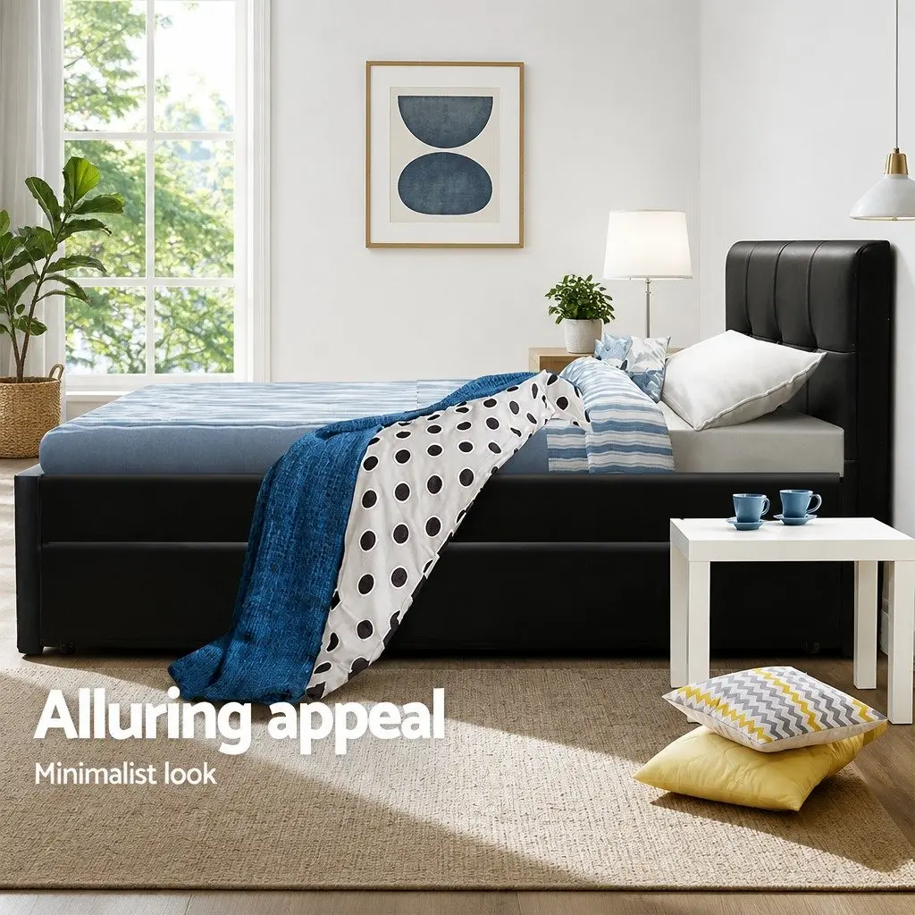 King Single Trundle Daybed Frame in Black PVC Leather