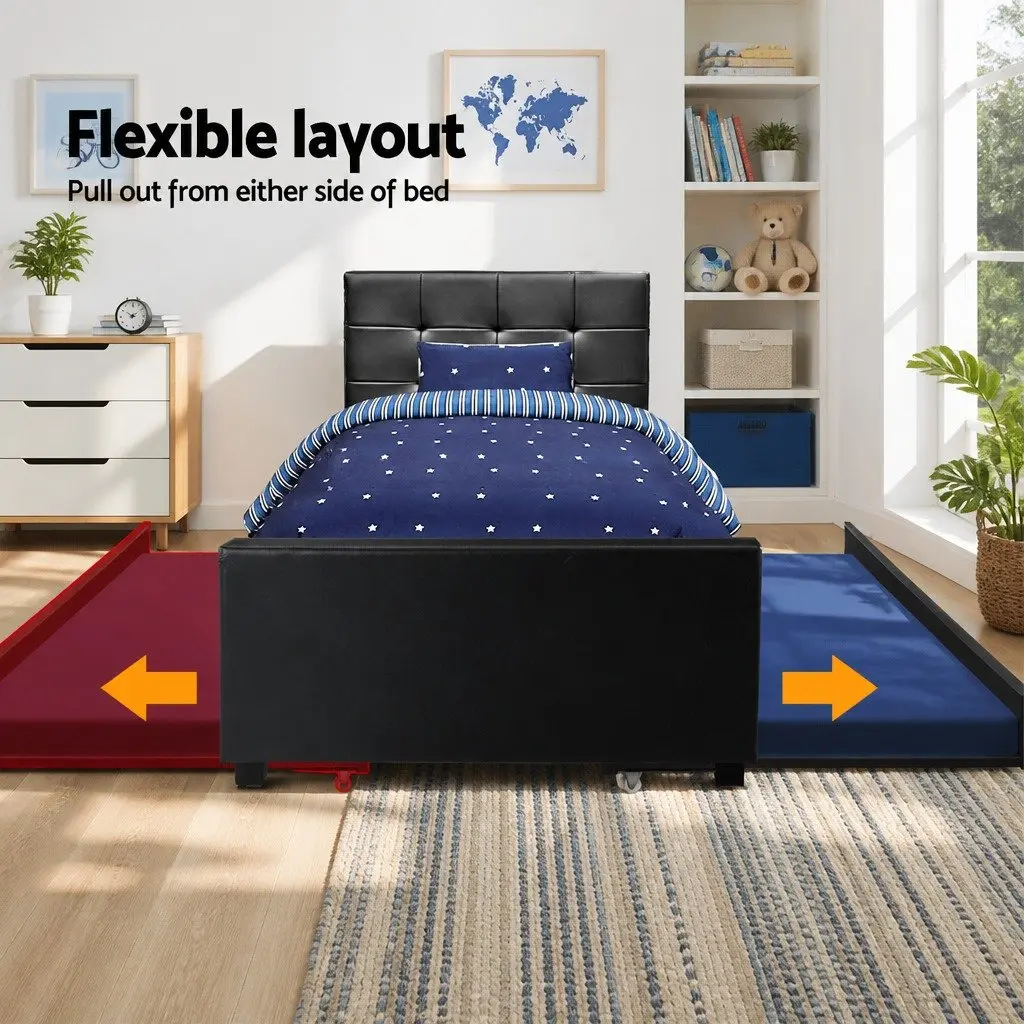 King Single Trundle Daybed Frame in Black PVC Leather