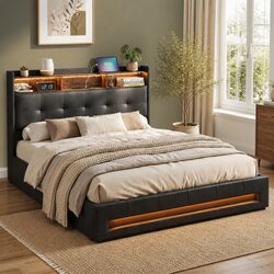 High-Quality Double Bed Frame with Gas Lift Storage and LED