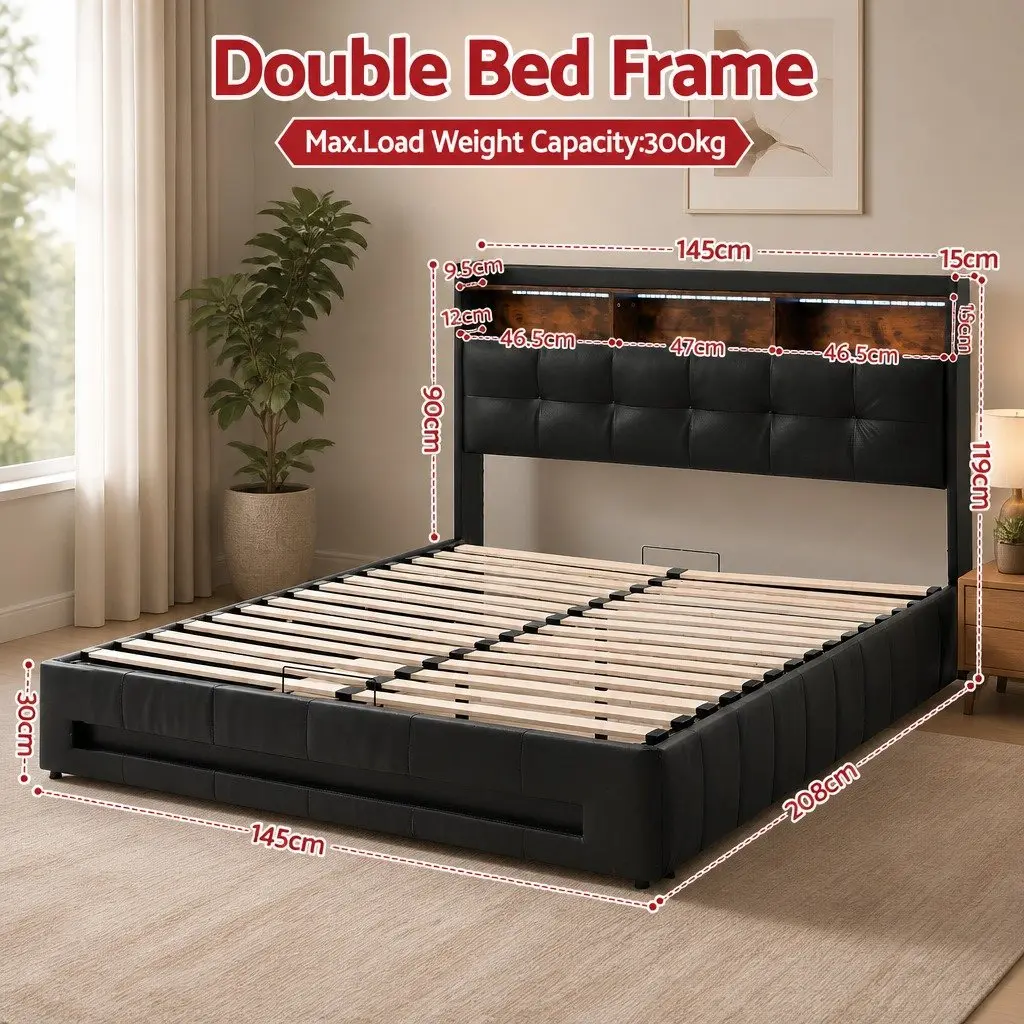 Double Bed Frame with Gas Lift Storage and LED