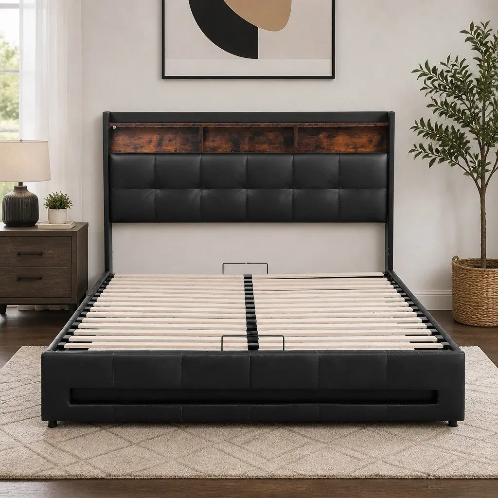 Double Bed Frame with Gas Lift Storage and LED