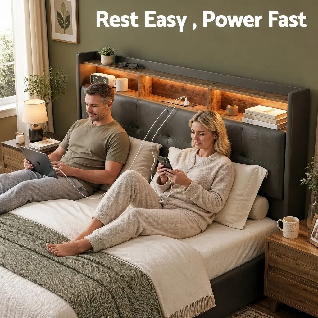 Double Bed Frame with Gas Lift Storage and LED