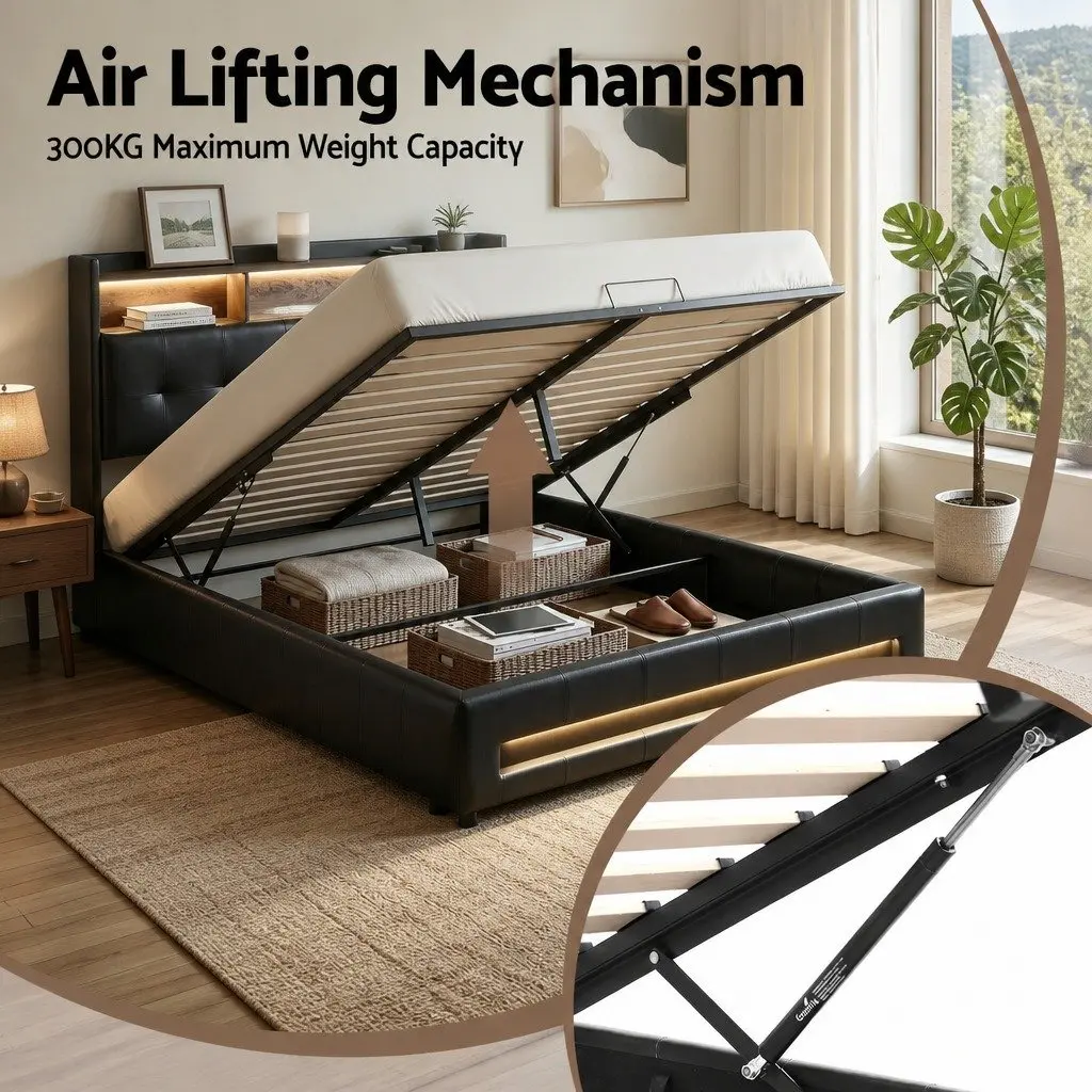 Double Bed Frame with Gas Lift Storage and LED