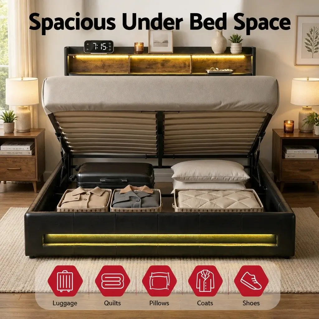 Double Bed Frame with Gas Lift Storage and LED