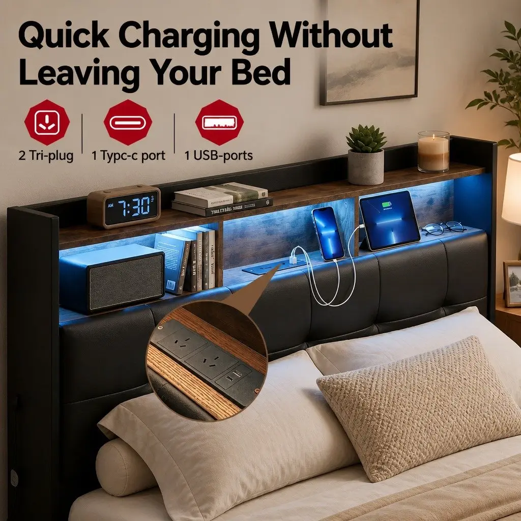 Double Bed Frame with Gas Lift Storage and LED