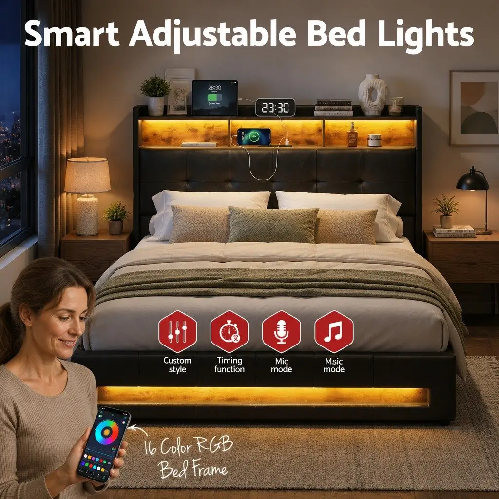 Double Bed Frame with Gas Lift Storage and LED