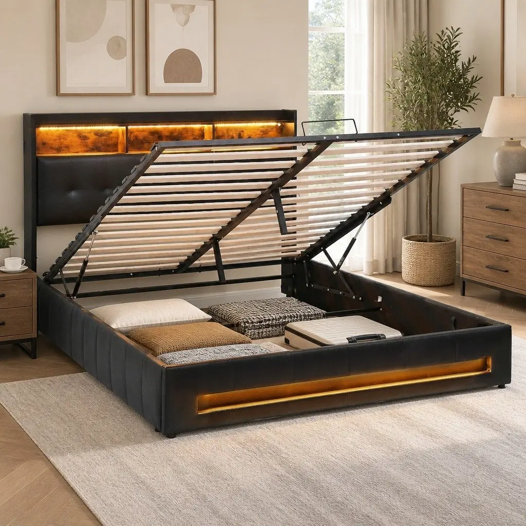 Double Bed Frame with Gas Lift Storage and LED