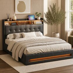 Queen Bed Frame with Gas Lift Storage and LED Lights