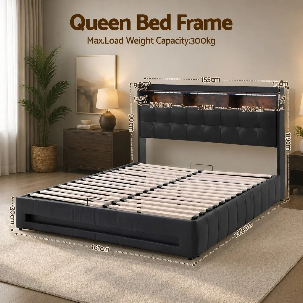 Queen Bed Frame with Gas Lift Storage and LED Lights
