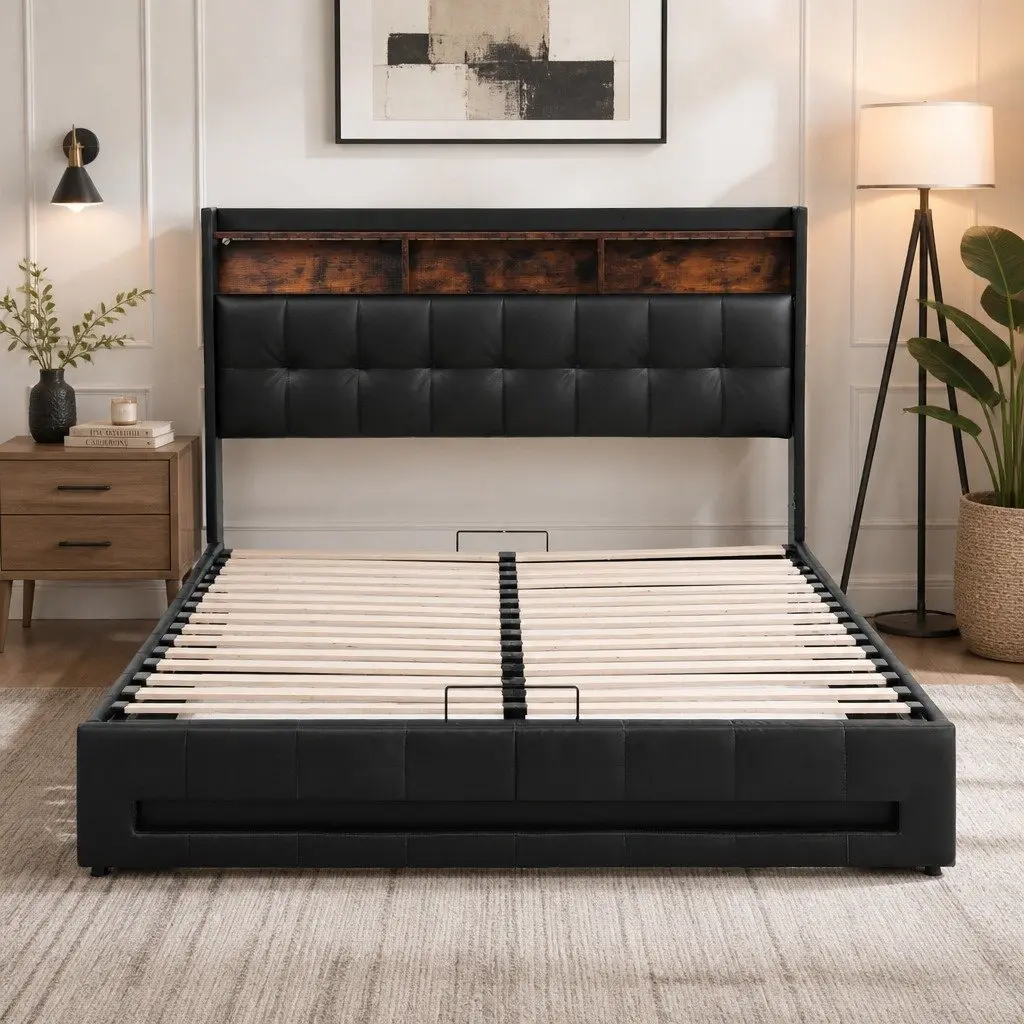 Queen Bed Frame with Gas Lift Storage and LED Lights