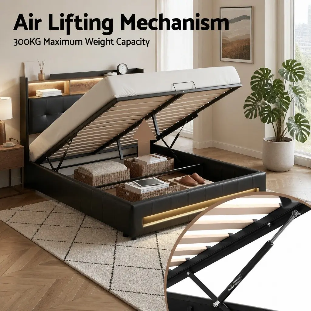 Queen Bed Frame with Gas Lift Storage and LED Lights