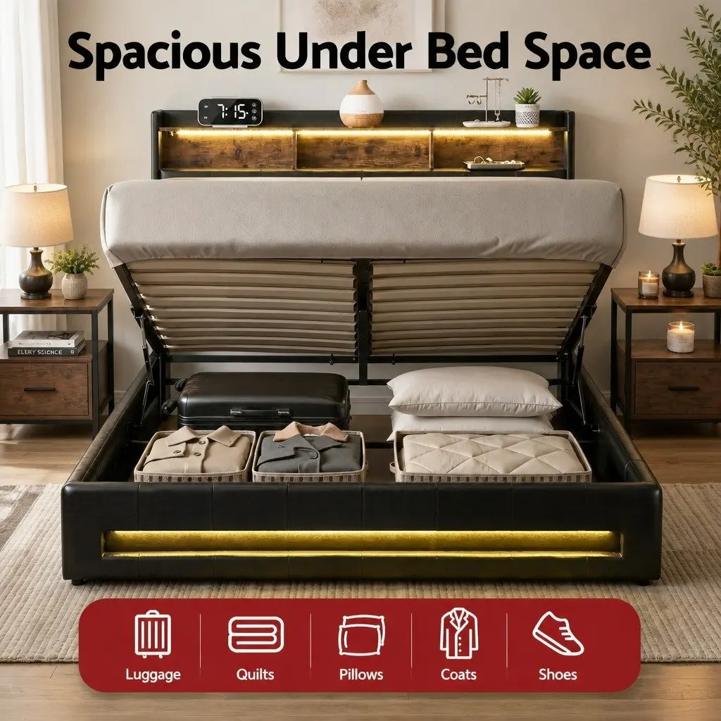 Queen Bed Frame with Gas Lift Storage and LED Lights
