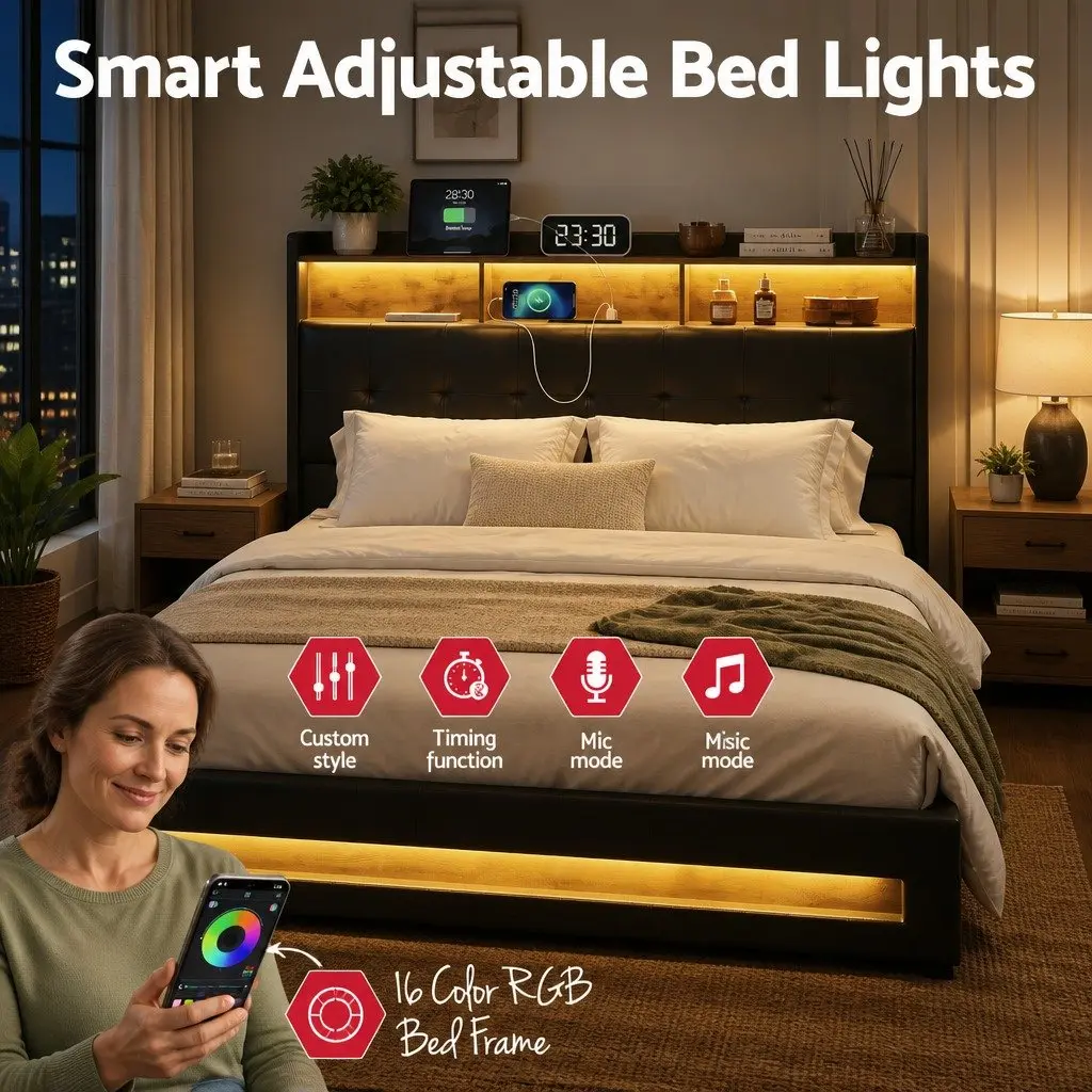 Queen Bed Frame with Gas Lift Storage and LED Lights