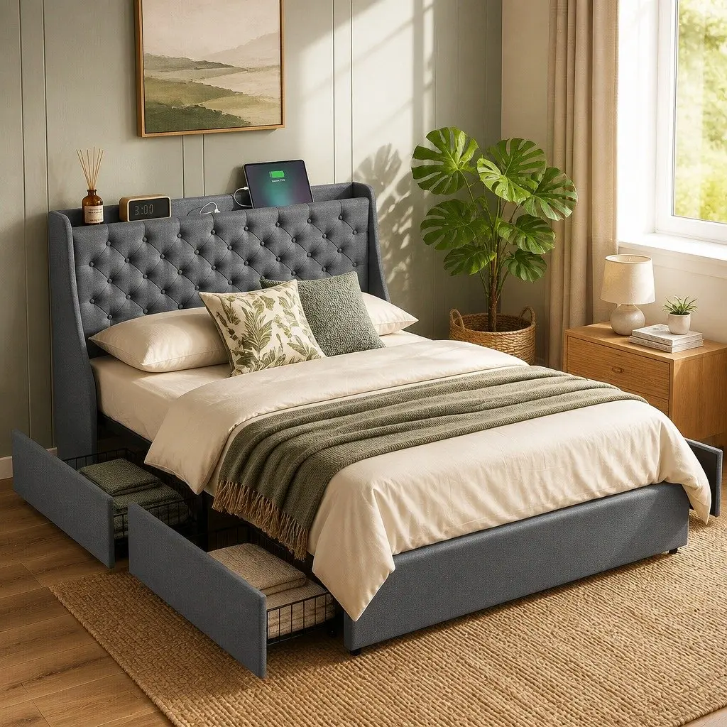 Double Bed Frame with Wingback Headboard and Storage Drawers
